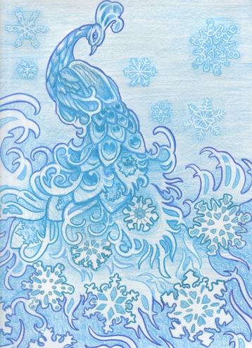 Tattoos - Blue Sketchbook Snowflake Peacock Tattoo Concept - 60611